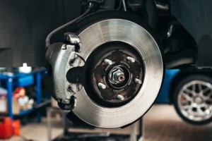 Close-up of brake disc on car