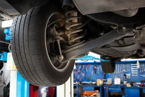 Close-up of shock absorber on car suspension